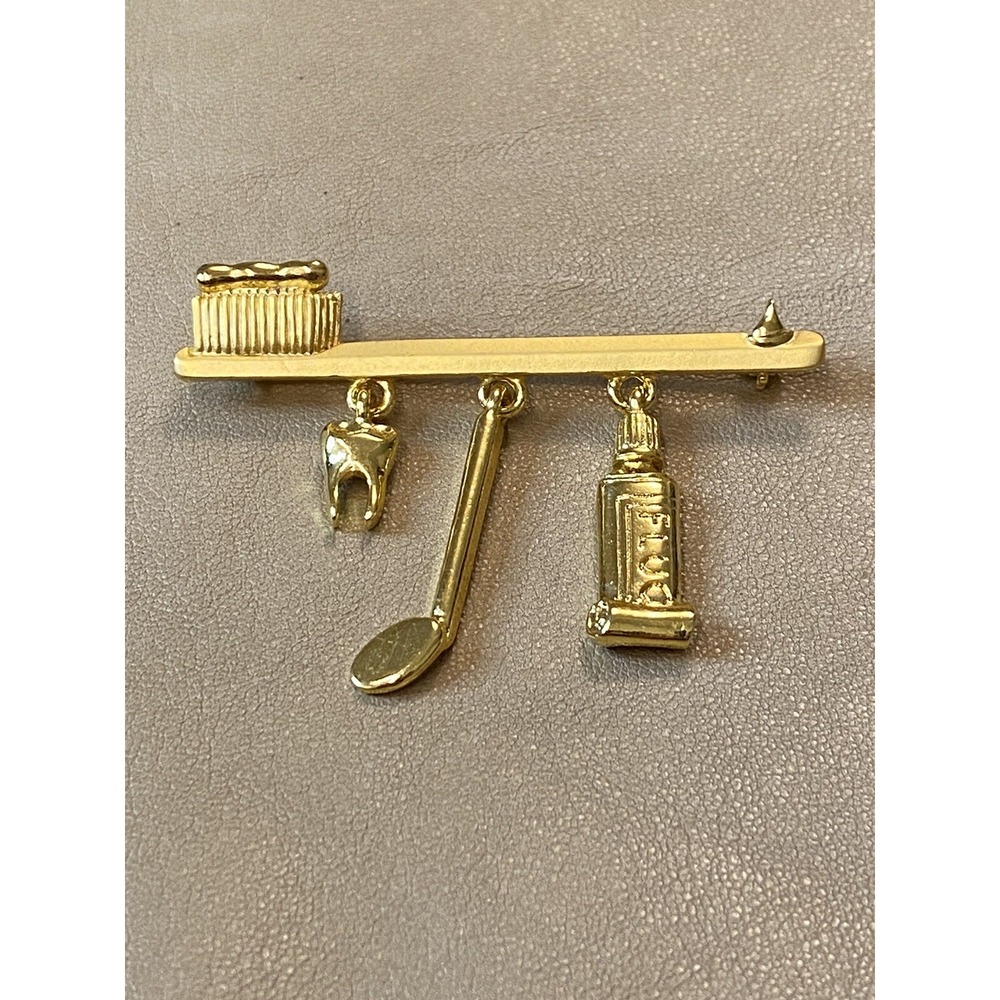 Gold Tone Dental Brooch/Charms by Artifacts Signed JJ Dentist Toothpaste/Tooth/+